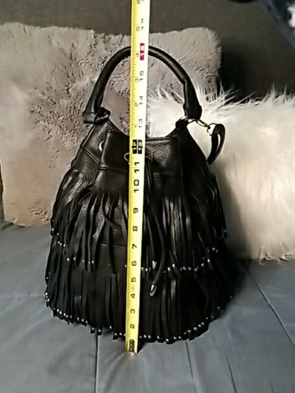 Black Fringe Hobo Bag with Detachable Strap Medium